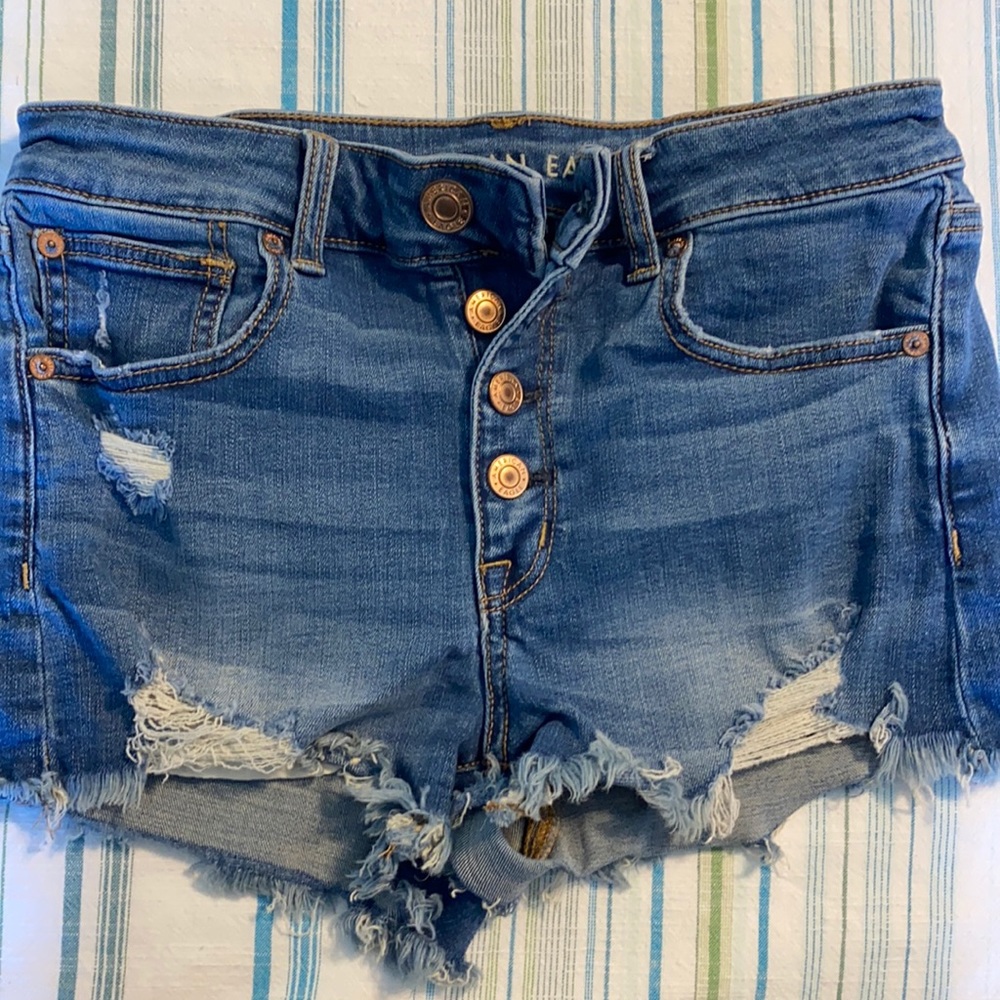 American eagle super stretch cut-offs.  Distressed